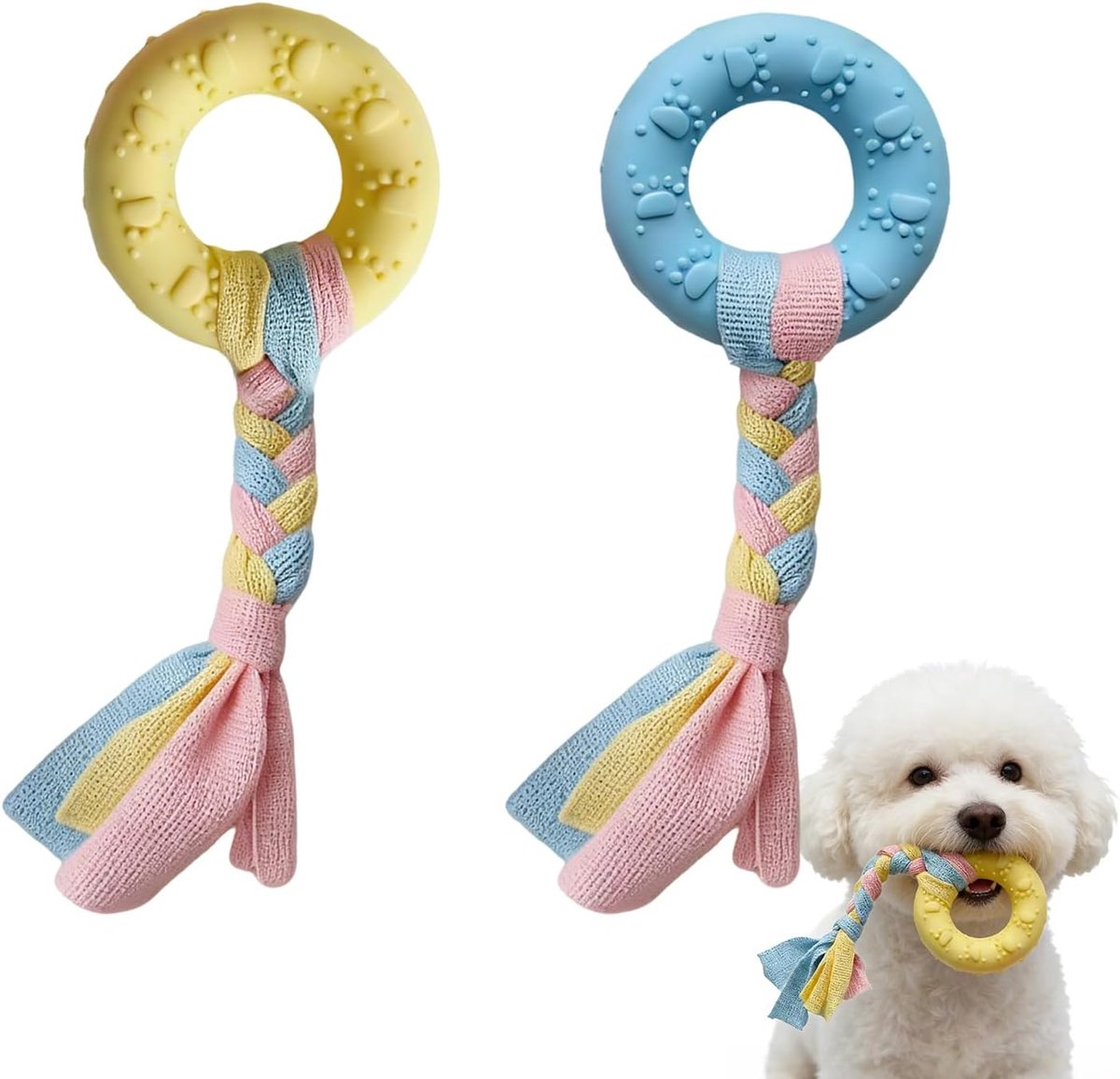 SnelShoppen - Set van 2 Honden Speelgoed TPR 5 cm, Blauw en Geel Donut, Zeer Duurzaam, Kauwring voor Tandheelkundige Hygiëne