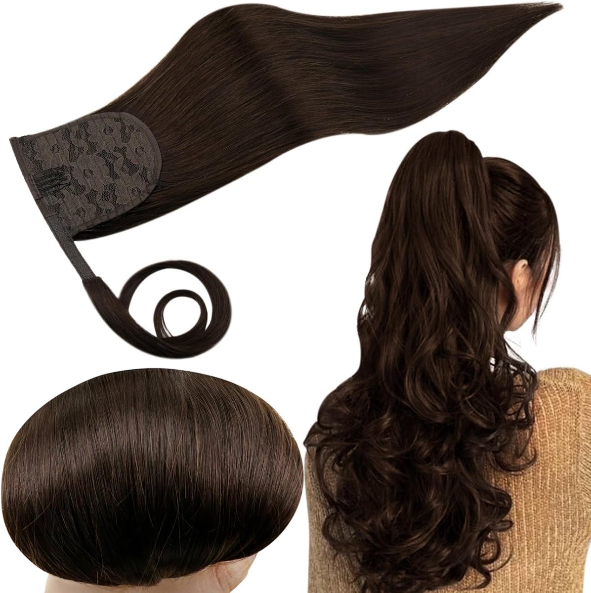 SnelShoppen - Ponytail Extensions Echte Haren 55cm Donkerbruin 22 Inch 100g Haarverlenging Ponytail voor Feest en Dagelijks Gebruik