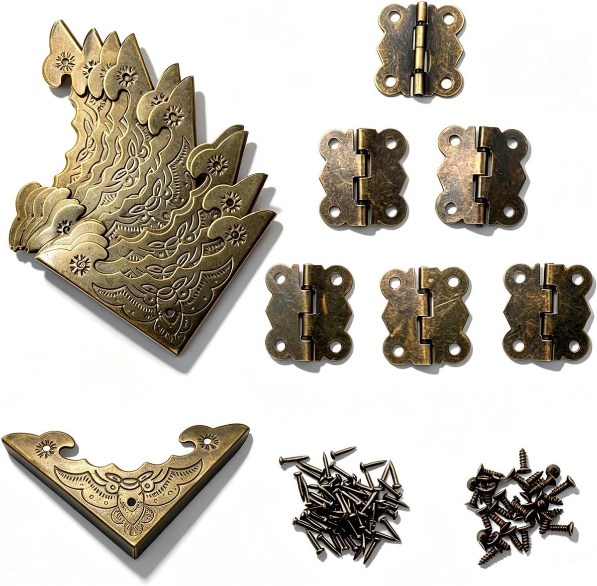 SnelShoppen - 12 stuks antieke houten meubelhoeken en 6 vintage scharnieren met 180 graden draaipunt, inclusief bronzen spijkers en schroeven voor dec