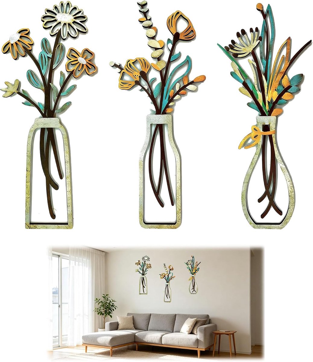 Niuhong 3Pcs Minimalist Vase Wooden Art Wall Decoration Wall Creative Flower Wall Sculptures Vases Decorations Wall - ShopVlot