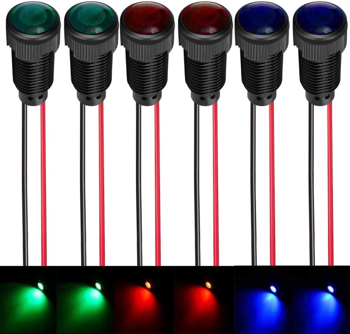 SnelShoppen - 6 Stuks Rode/Blauwe/Groene LED Indicator Lampjes AC/DC 12-24V 10mm Montagegat Vlamvertragende Kunststof Behuizing voor Signalering