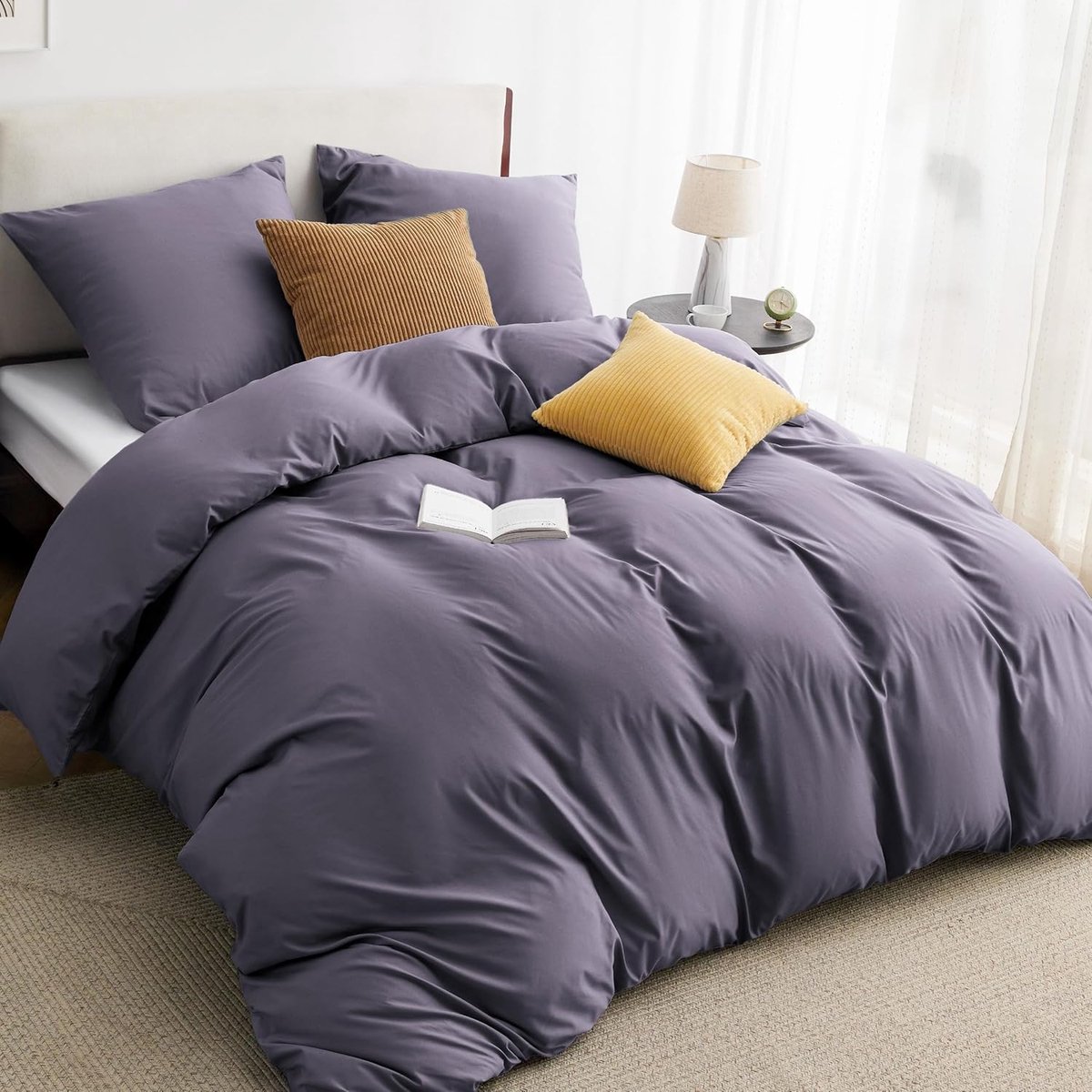 SnelShoppen - Dekbedovertrek set 155 x 220 cm met 2 kussenslopen 80 x 80 cm, Oeko-Tex Standard 100, polyester microvezel met rits, grijs-paars, 3-deli