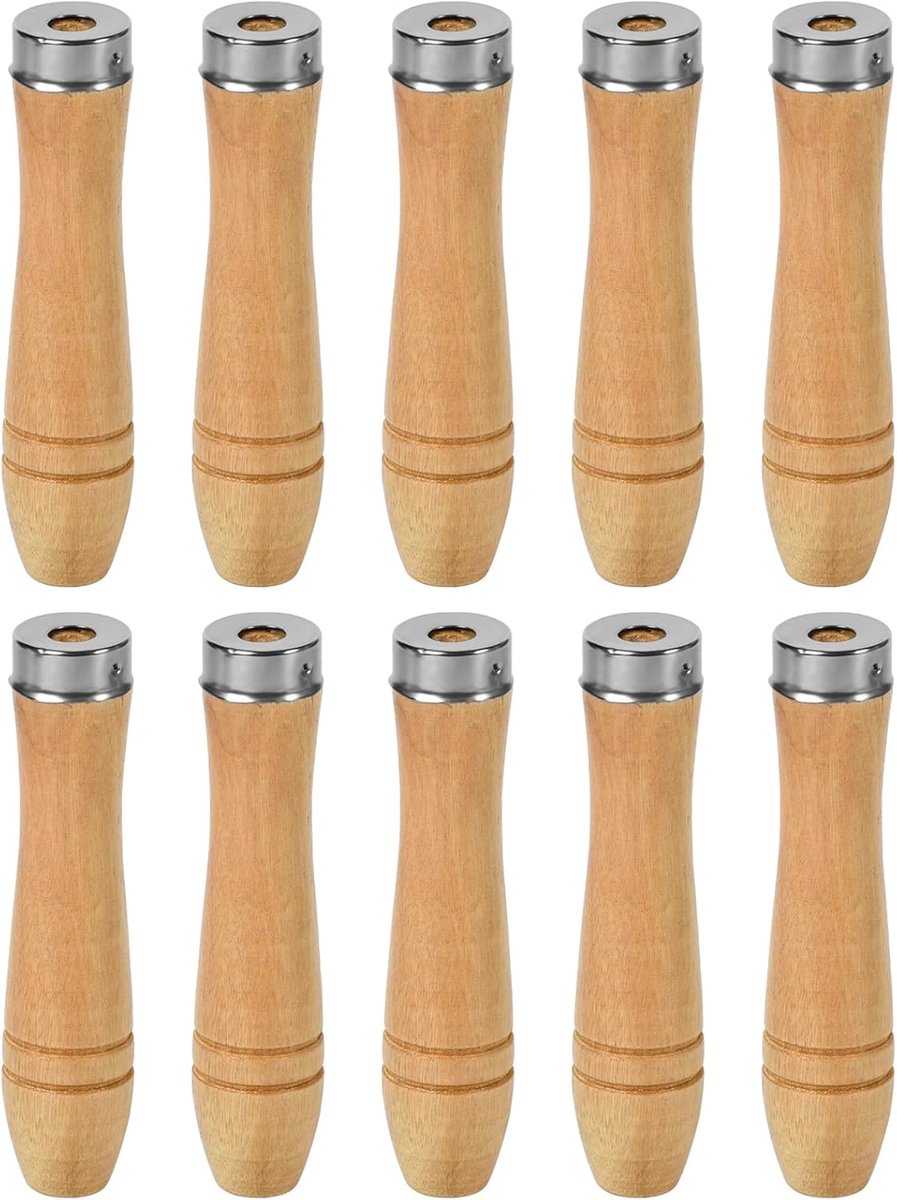 SnelShoppen - Pack van 10 Houten Vijlhandvatten met Metalen Veiligheidsringen, Duurzame Vijl Handvatten voor Houtbewerking (110mm)