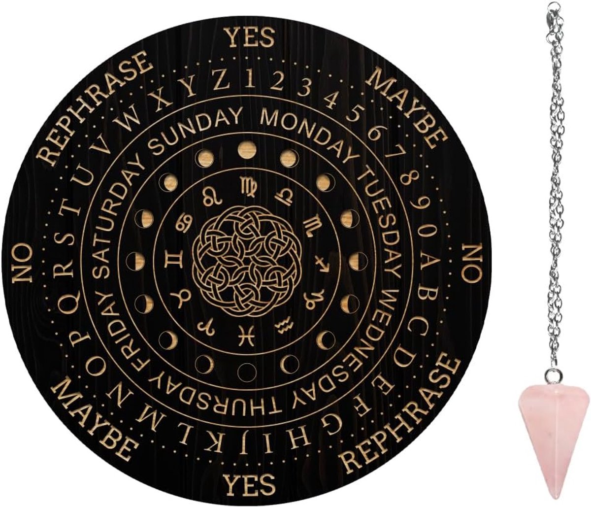 SnelShoppen - 7.8 Inch Houten Pendulum Bord, Dowsing Pack met Rozenkwarts Kristal, Magische Altar Decoratie voor Spirituele Divinatie - Maanfasen en S