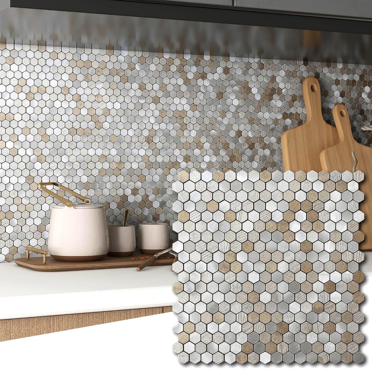 SnelShoppen - 3D Wandtegels Mosaïek Zelfklevende Keuken Tegels Badkamer Wanddecoratie Kleine Steen Look Textuur Matte Hexagons (Beige Zand, Set van 10
