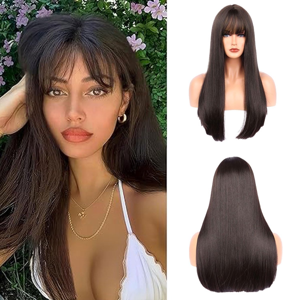 Long Brown Straight Hair Wig for Women, Dark Brown Natural Synthetic Wig with Bangs (Dark Brown) - ShopVlot