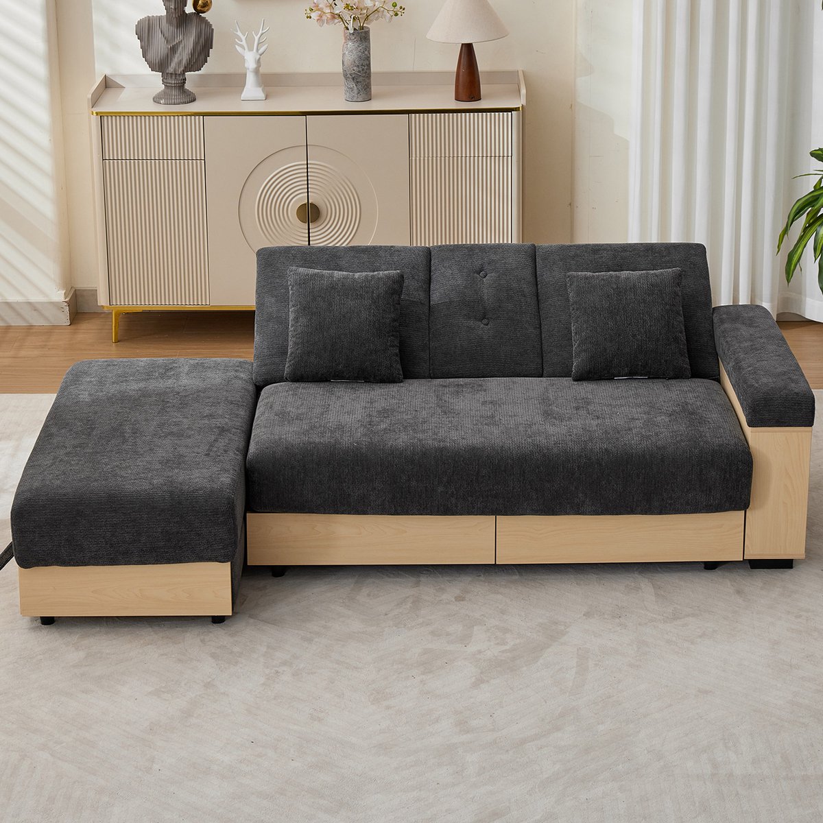 Sofa - 3-Zits Woonlandschap met Verstelbare Rugleuning (3 Standen), Slaapbank met Lades, Opbergpoef & Drinkhouder - 217x110x90 cm - Voor Woonkamer - Grijs