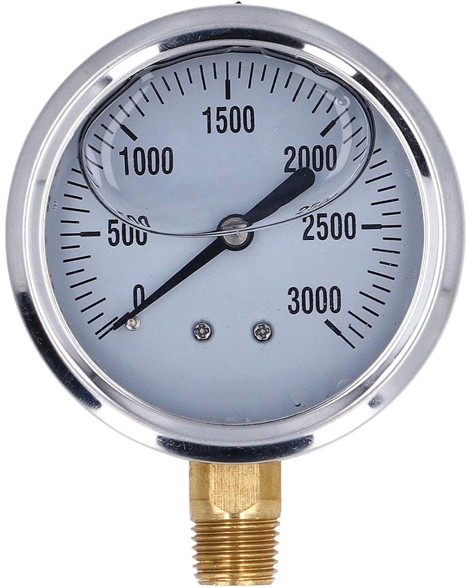 SnelShoppen - Vloeistofgevulde Manometer RVS 2.5 inch, glycerine gevuld 0-3000psi voor lucht, water, olie met 1/4 inch NPT aansluiting