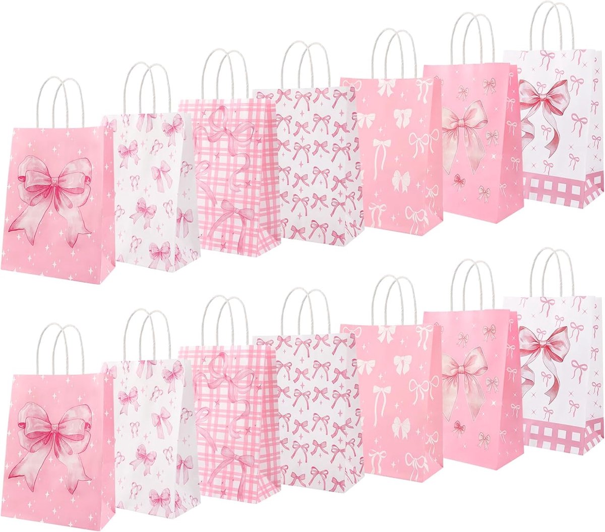 SnelShoppen - Chicpant 14 stuks roze strikken papieren zakjes met handvat, cadeauzakjes 21 x 15 x 8 cm voor kinderverjaardag, feestjes, bruiloften en