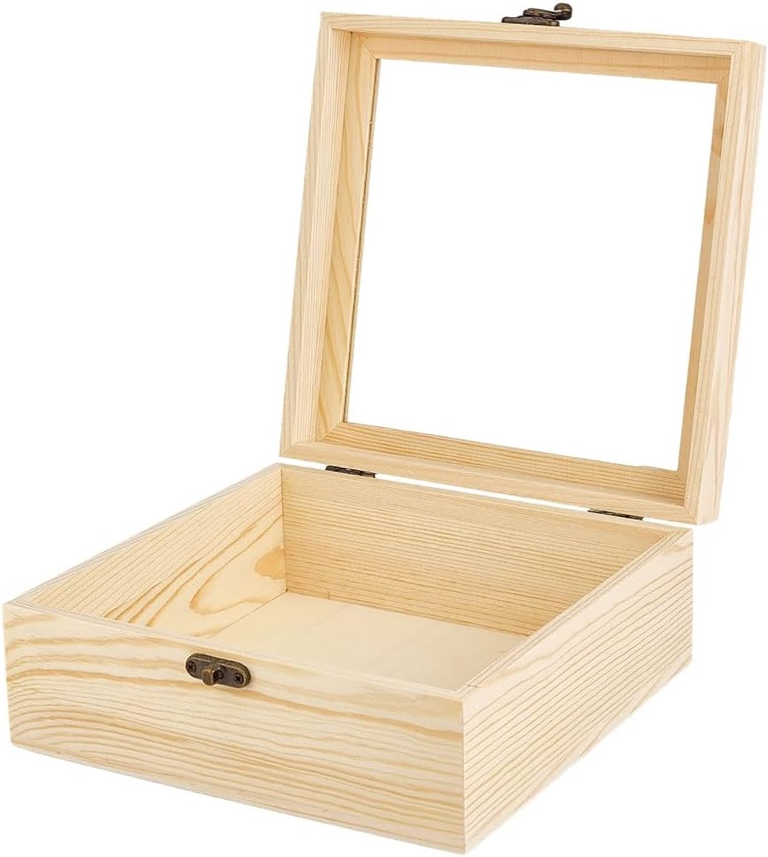 SnelShoppen - Houten Opbergdoos 20 x 20 x 8 cm met Glazen Deksel en IJzeren Sluiting voor Sieraden, Kleine Spullen en Herinneringen - Onbehandeld Hout