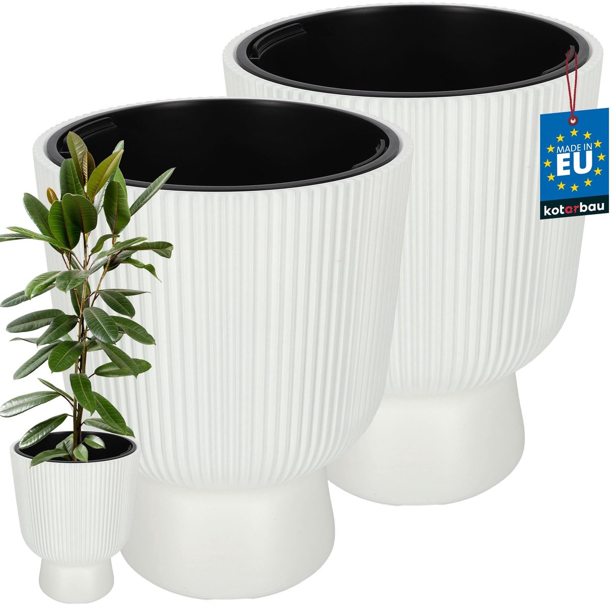 KOTARBAU® 2 Stuks - Bloempot - Plantenpot Ø 39 cm - met Binnenpot - Geribbelde Plantenbak - Plantenpot met Voet - Plantenbak - Kunststof - H: 49 cm - Wit