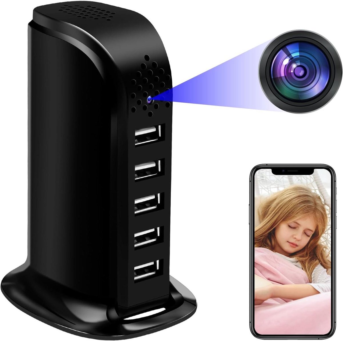 Verborgen Camera - Mini Camera - Thuis Bewaken - 5 Poorts Oplader - 1080p HD - Zwart