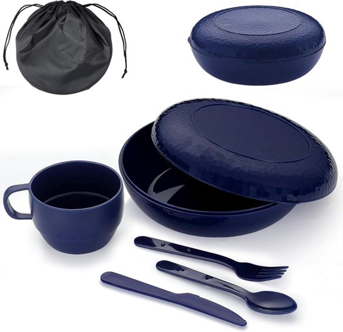 Camping Mess Kit met Kom, Bord, Beker, Lepel, Vork, Mes en Draagtas - Herbruikbare Campingaccessoires, Lichtgewicht en Compact voor Gemakkelijk Transport in Rugzak