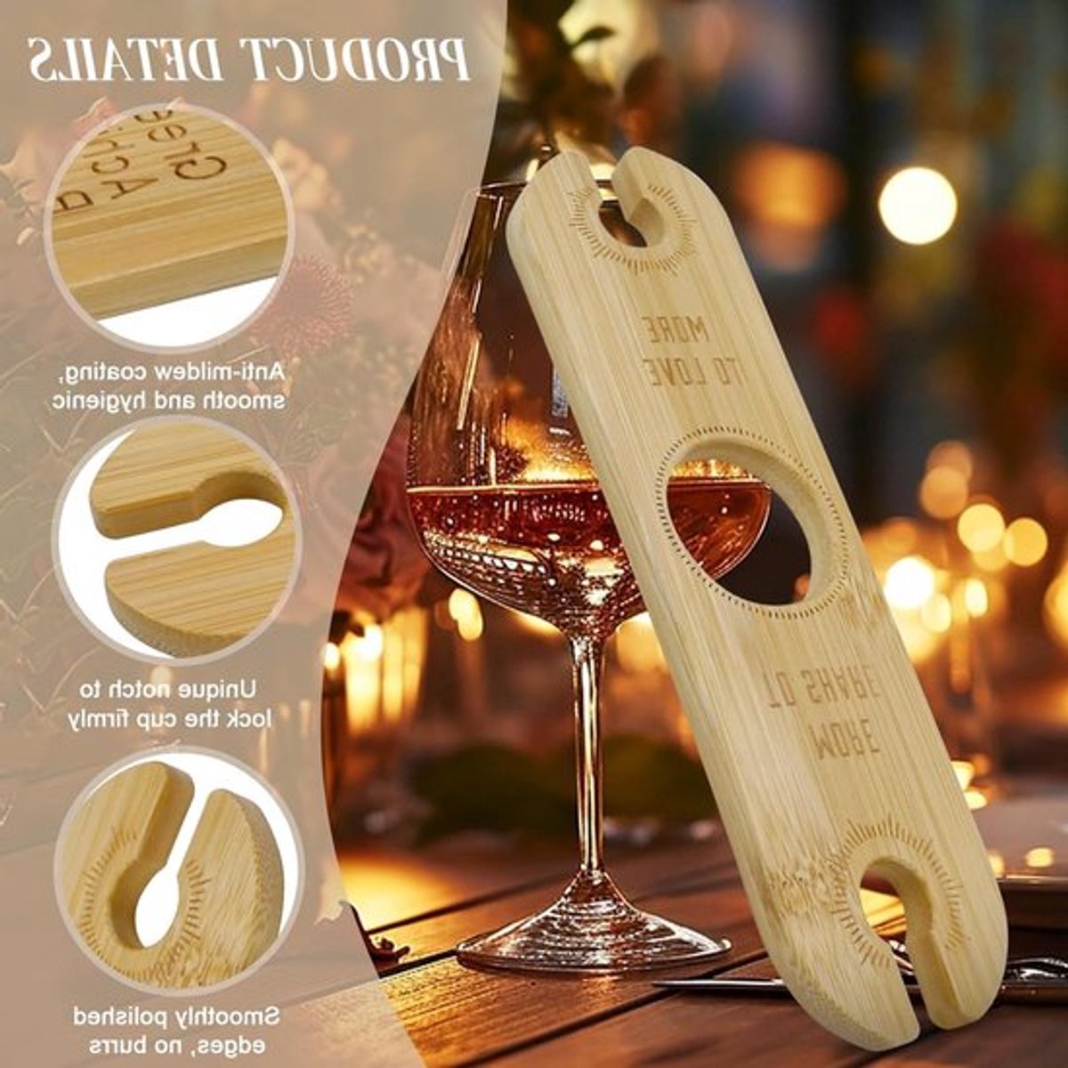 Houten Wijnglas Houder, Set van 2, Bamboe, Hangende Glazenstandaard voor 4 Glazen, Ideaal voor Keuken en Bar, Perfect voor Wijnliefhebbers en Feestjes — cadeau in Kookcadeaus - foto 4