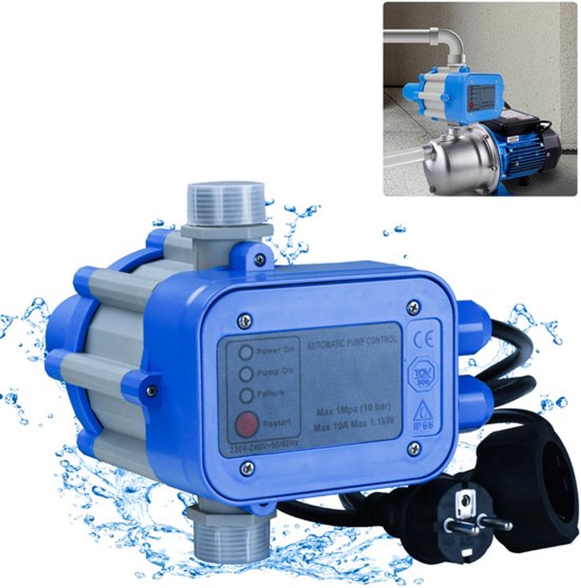 Elektronische Pompbesturing - Drukbewaker 10 Bar - Ideaal voor Tuin en Dieptebronnen - Blauw - Drukregeling voor Pompen - Betrouwbare Wat...