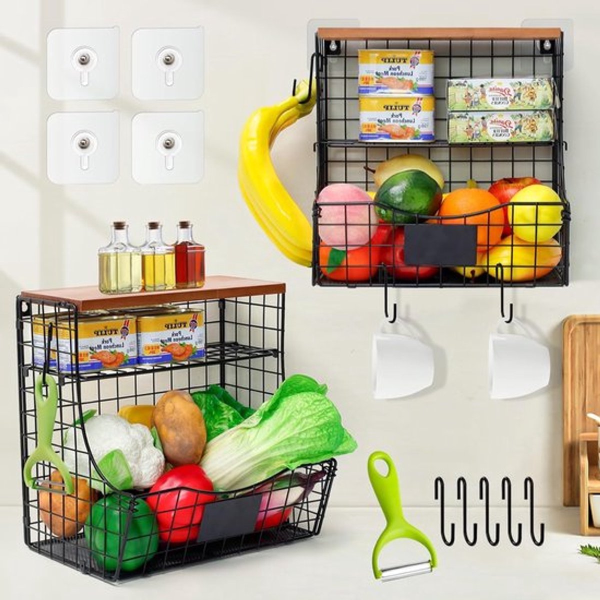 Hangende fruit- en groentebak met houten deksel, wandrek met schilmes en 5 haken voor het opbergen van groenten, fruit en snacks