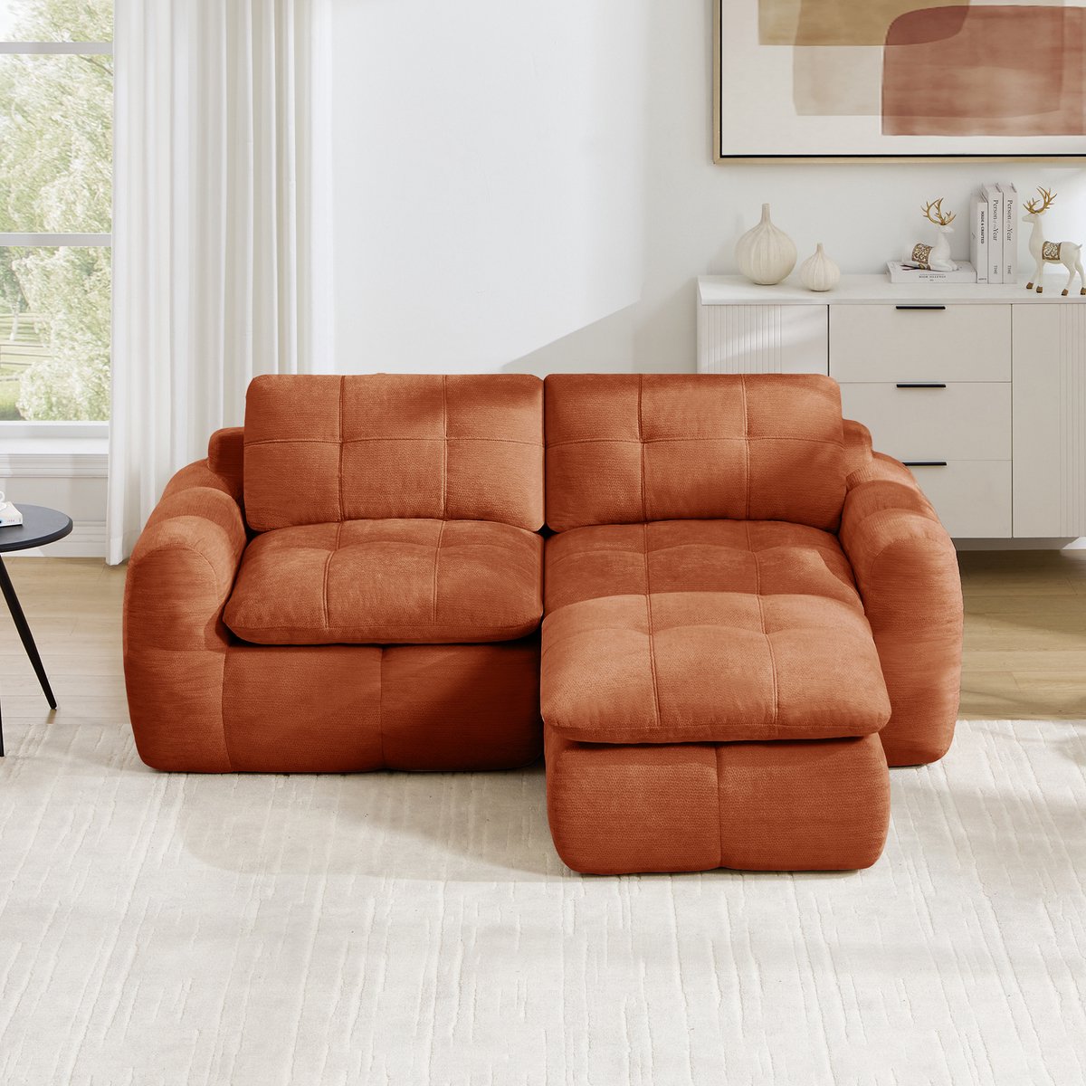Intebiki 2-zits Hoekbank - Chenille stof - Modulaire L-vormige bank - Geen montage nodig - inclusief 2 poef - oranje