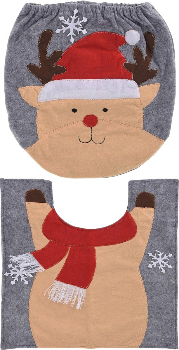 SnelShoppen - 2-delige Set Toiletzitting Deksel, Kerst Design, Grappige Kerstdecoratie voor Toilet, Stoelcover & Vloerkleed (Hert)