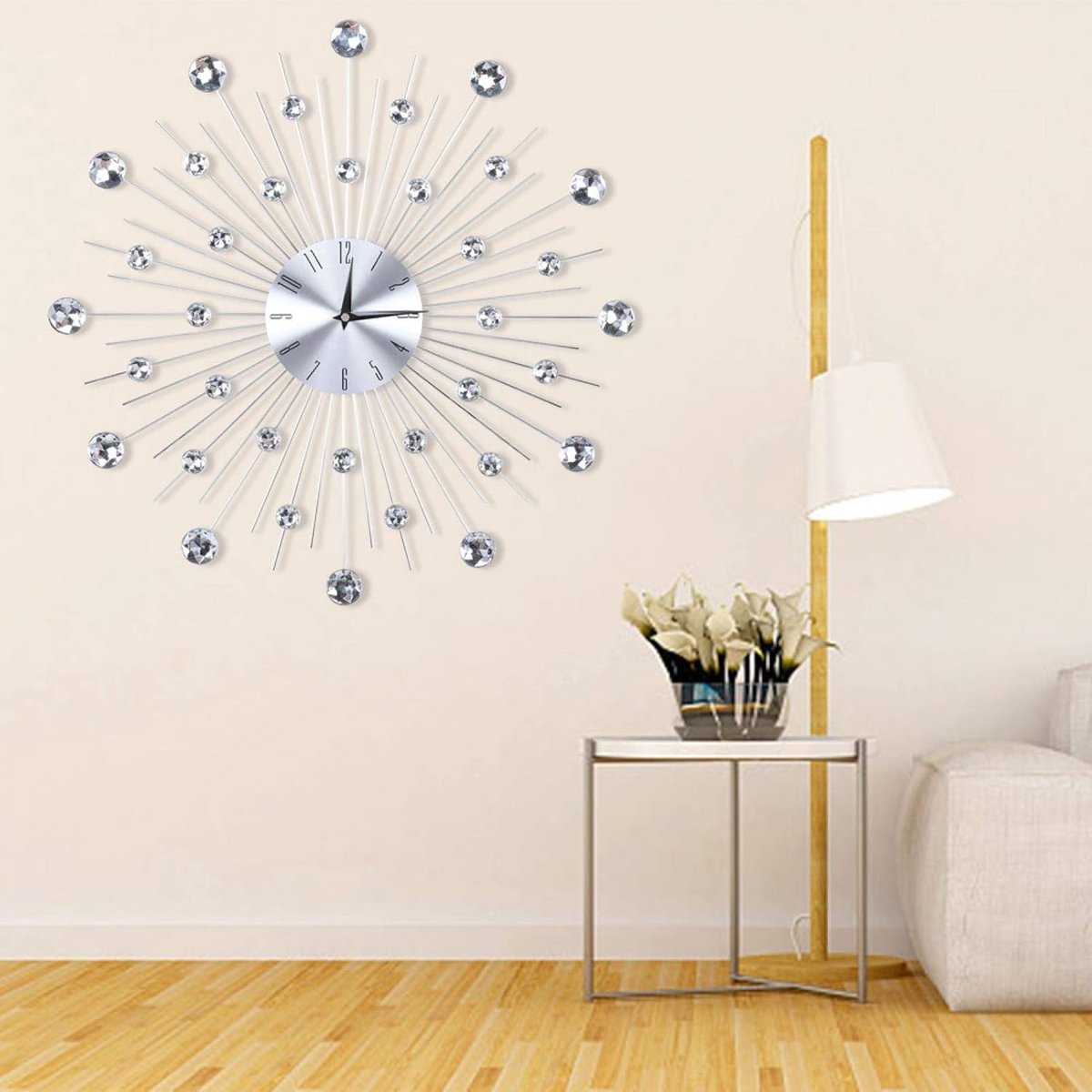 SnelShoppen - Wandklok Wandklok voor Woondecoratie, Bling Diamanten Metallic Wandklok met Sprankelende Accenten, Grote Arabische Cijfers, Zilver, Perf