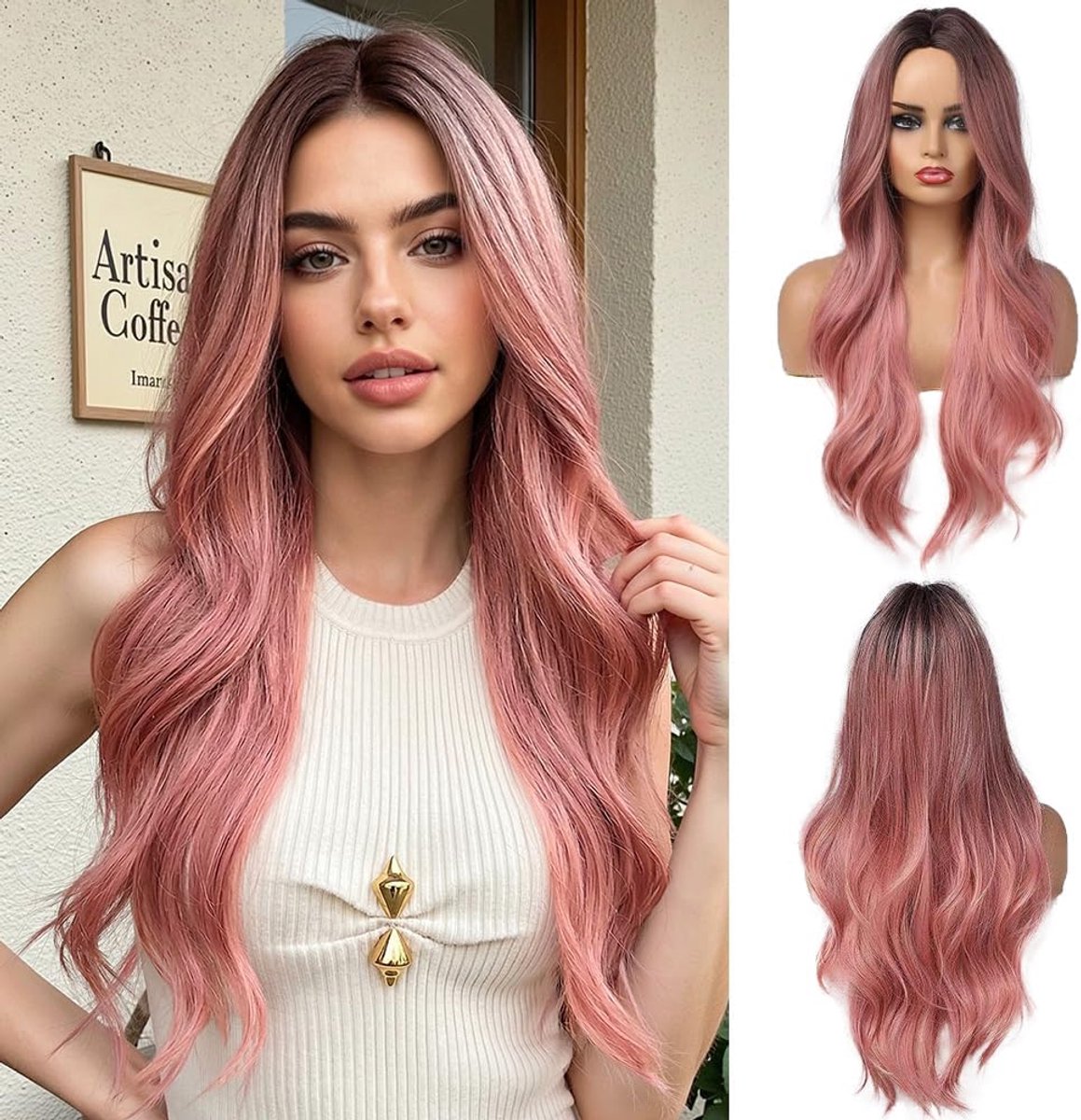SnelShoppen - Ombre Roze 24 inch Lange Golvende Synthetische Feest Cosplay Perkament Haarstuk - Hittebestendig 100% Japanse Kanekalon Vezels