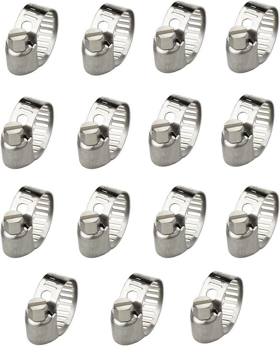SnelShoppen - 15 Pack Verstelbare RVS Slangklemmen Wormdrive Buisklemmen 10-16mm - Roestvrij Staal - Voor Tuin, Keuken en Klussen