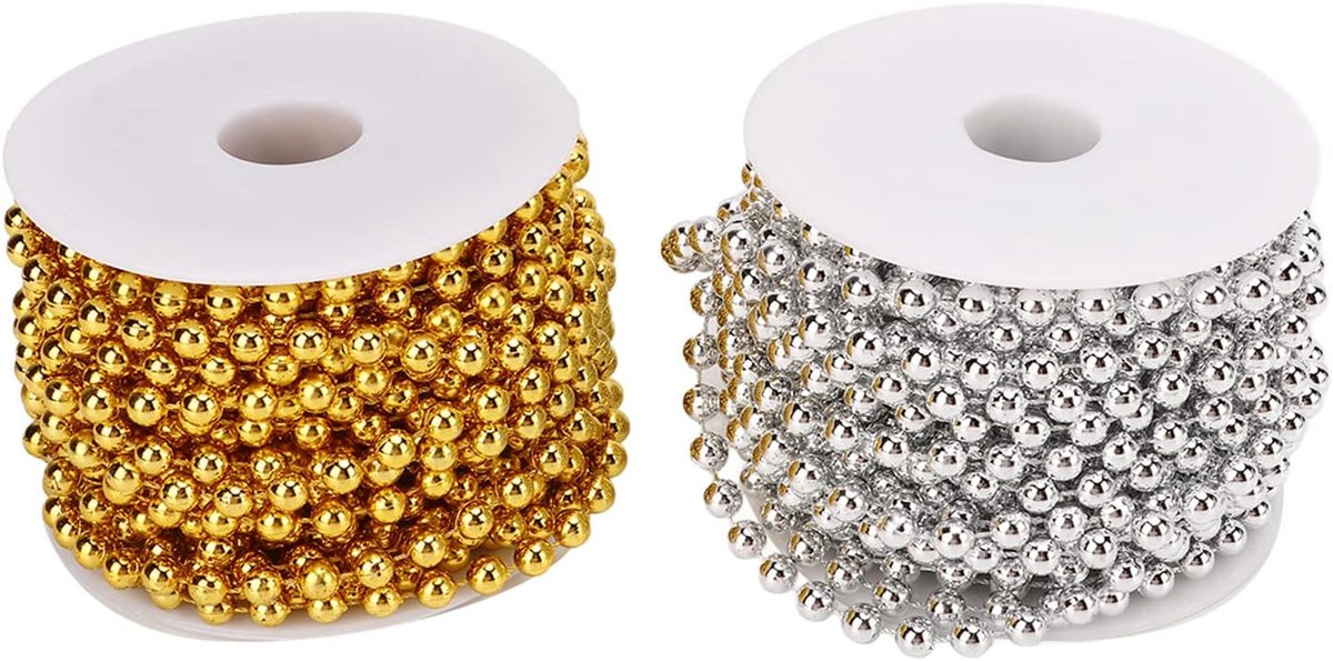 SnelShoppen - Ambachtelijke Kralenketting Goud Zilver 2 Stuks, 10,9 Meter Lange Ronde Nepparels 0,2 Inch – Glanzende Kralenslinger voor Bruiloft, Fees