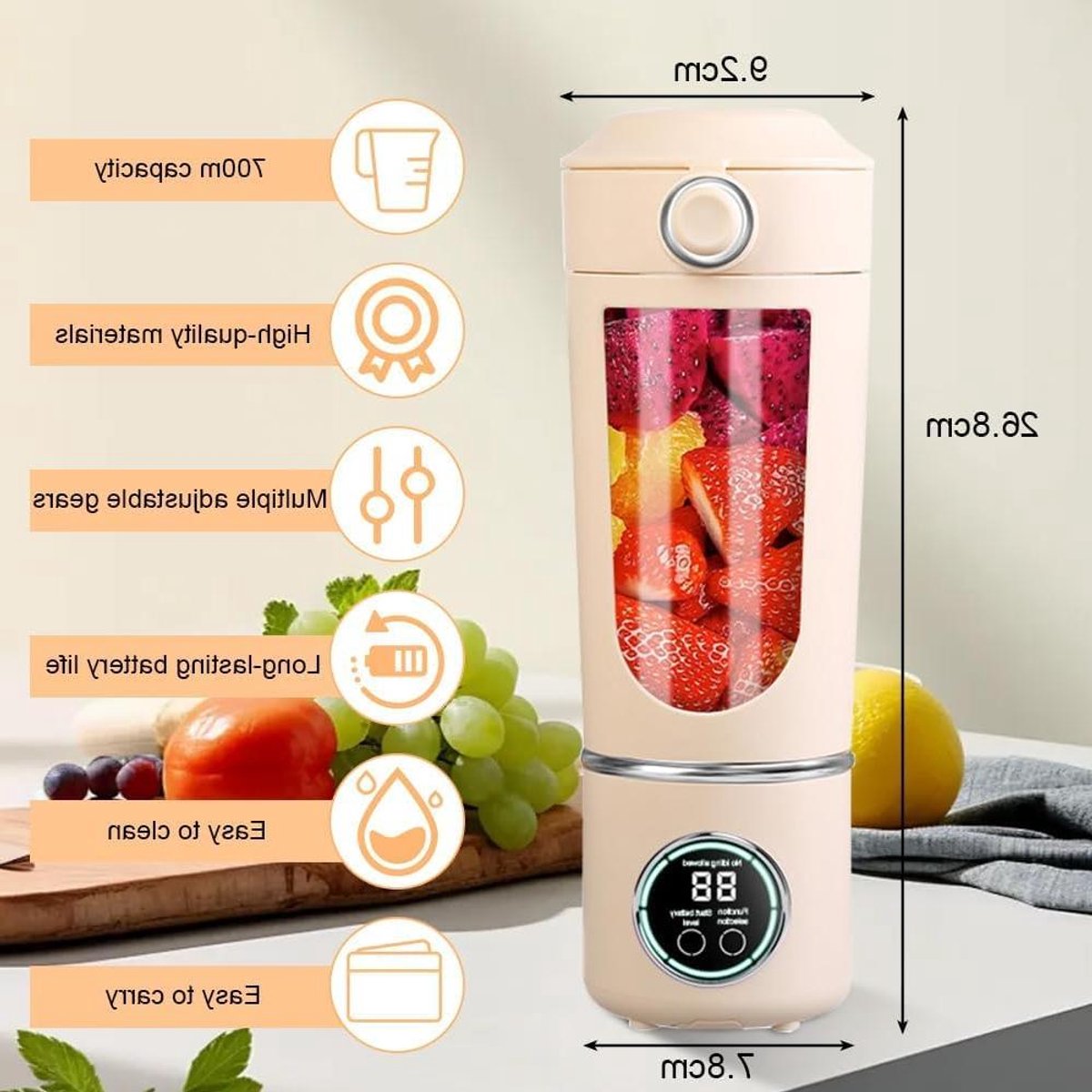 Draagbare Mixer - Smoothie Maker - Gezonde Drankjes Maken - 12 Roestvrijstalen Messen - 700 ml Capaciteit - Beige