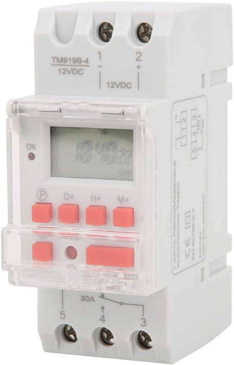 SnelShoppen - Digitale Tijdschakelaar 12V DC 30A, Weekprogramma Timer met LCD Scherm, Aftelfunctie, DIN Rail Montage, 16 In-/Uitschakelprogramma's per