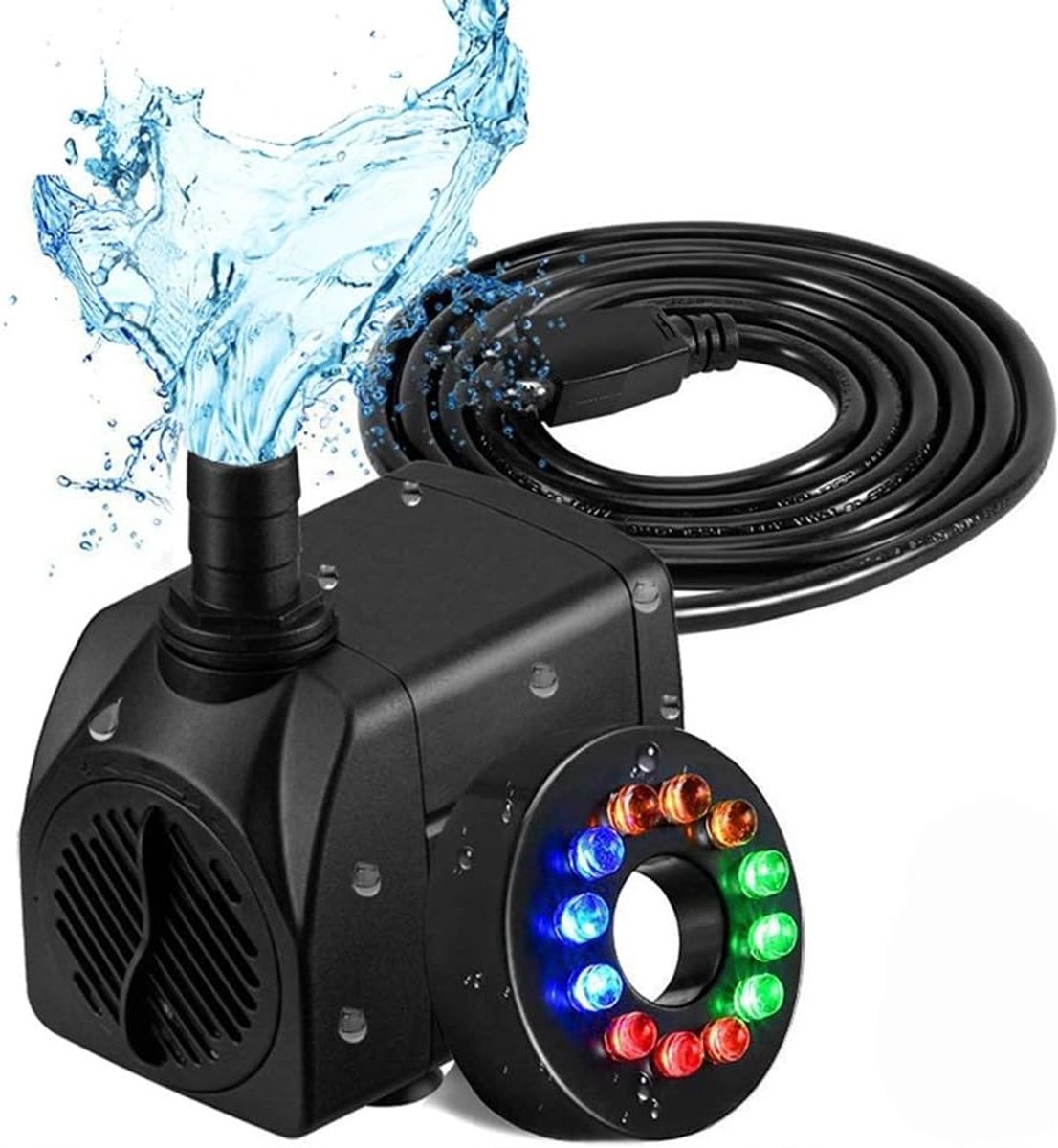 SnelShoppen - Mini Waterpomp 800 L/h, 16 W, Onderwaterpomp met 12 LED Lichten, Ultralichte Water Speelpomp voor Fontein, Zwembad, Tuin, Vijvers, Visse