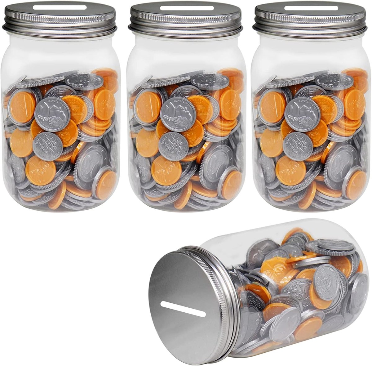 SnelShoppen - Kleine Heldere Plastic Spaarpotten 4-Pack, 16oz met Zilveren Sleufdeksels, Tip Munt Jars voor Volwassenen, Tieners en Kinderen