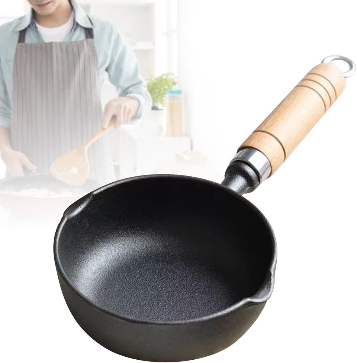 SnelShoppen - Gietijzeren Smeltpan, Mini Eipannetje, Olie Verhit Pan, Boter Melk Warmhouder met Houten Handgreep voor Thuis Keuken, Ideaal voor Koken