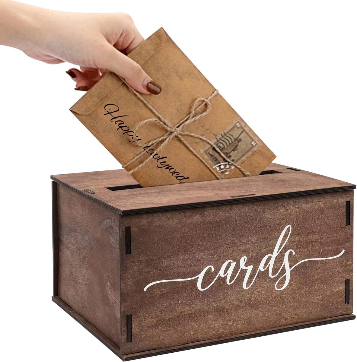 Huwelijks Cadeaukaartendoos - Bruin - 20 x 18,5 x 11,5 cm - Houten Kist met Deksel - Voor Bruiloften en Feesten