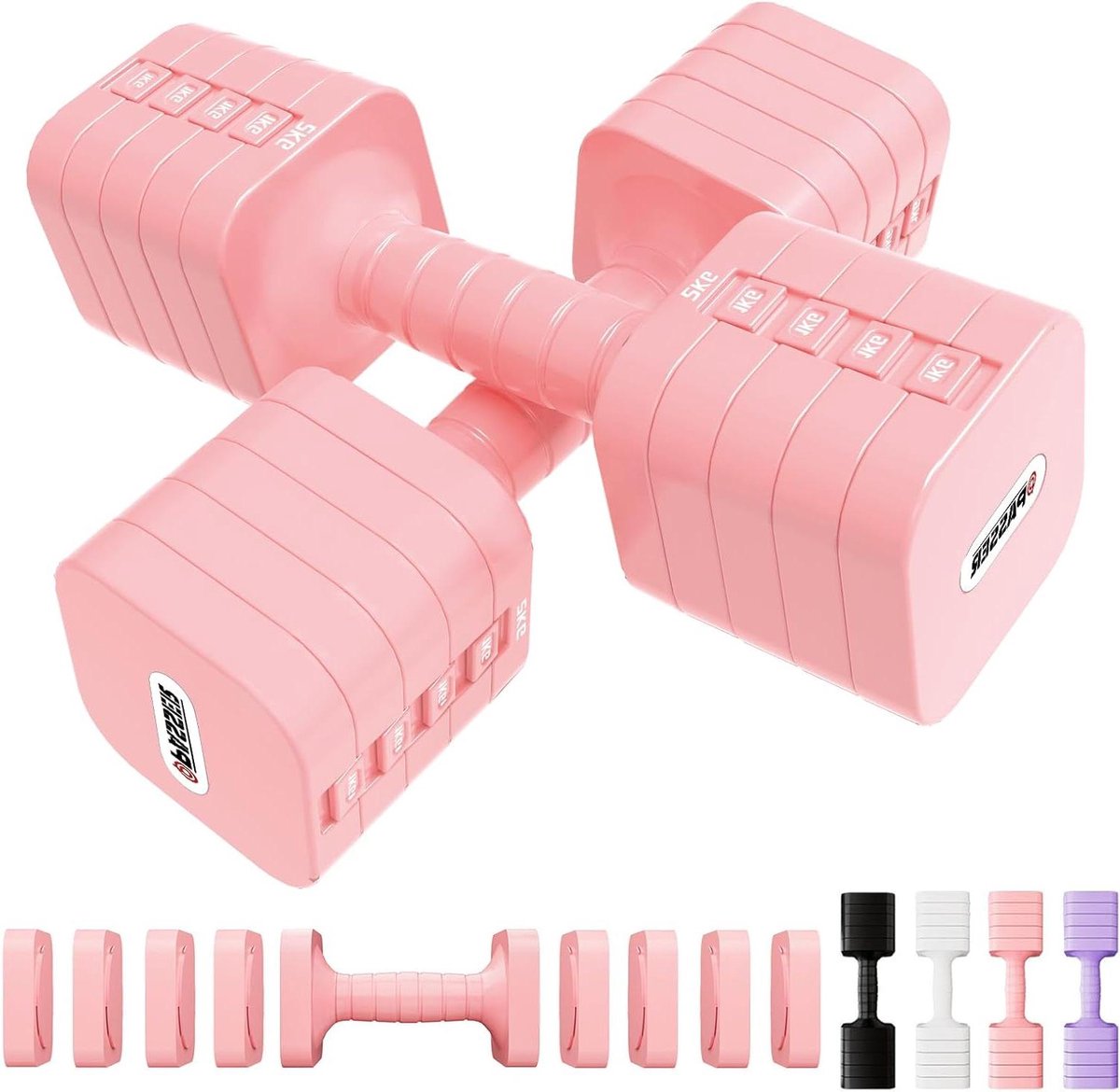 Verstelbare Halterset - Korte Halters - Thuis Krachttraining - 5-in-1 Systeem - 20 kg - Roze