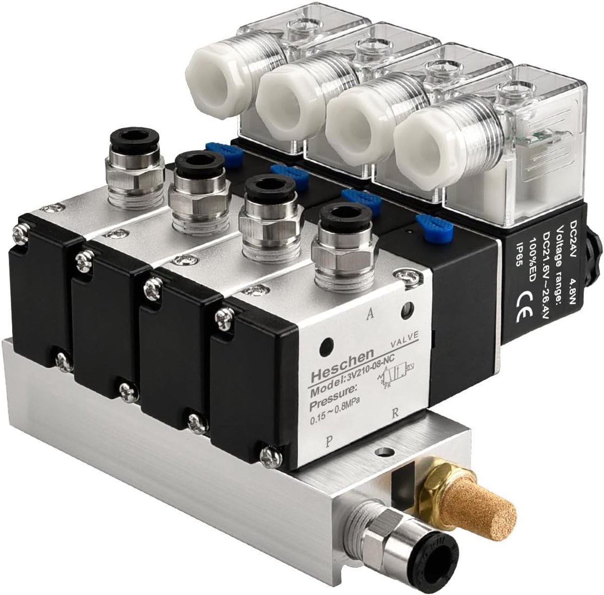 SnelShoppen - Pneumatische Solenoid Ventiel Set 4 Stations - 3V210-08, DC24V, PT1/4, 3/2 Weg, Manifold Basis, Snelle Koppeling voor Pneumatische Toepa