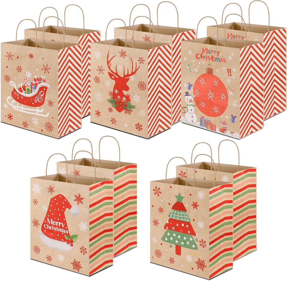 SnelShoppen - Cadeauzakjes Kerstmis Set van 10 Stuks, Papieren Zakjes 27 x 21 cm Voor Feestelijke Verpakking van Geschenken, Ideaal voor Kerst en Fees