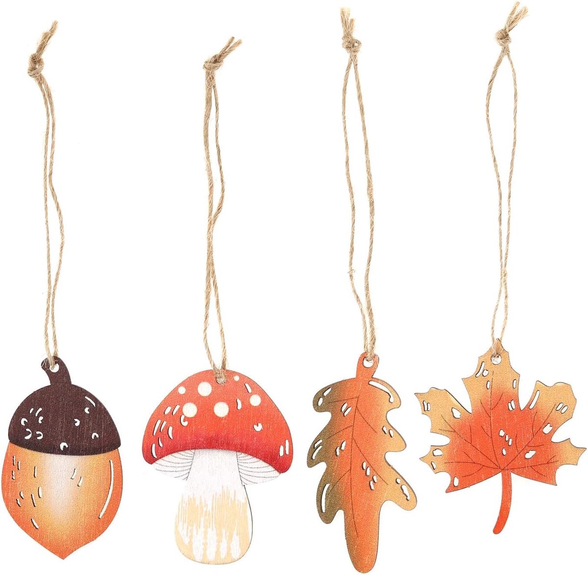 SnelShoppen - 24 Stuks Houten Herfst Hangdecoraties - Ahornsiroop Bladeren, Paddenstoelen, Boombladeren Ornamenten met Touw voor Oogst Herfst Decorati