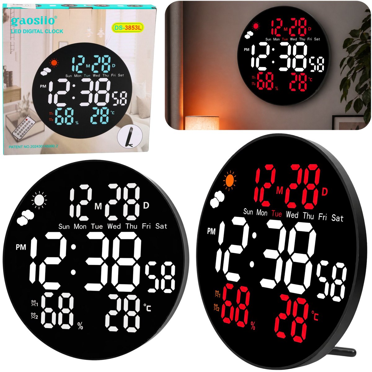 Digitale Led Wandklok Datum Temperatuur Vochtigheid Alarm Afstandsbediening 25 Cm - UNI