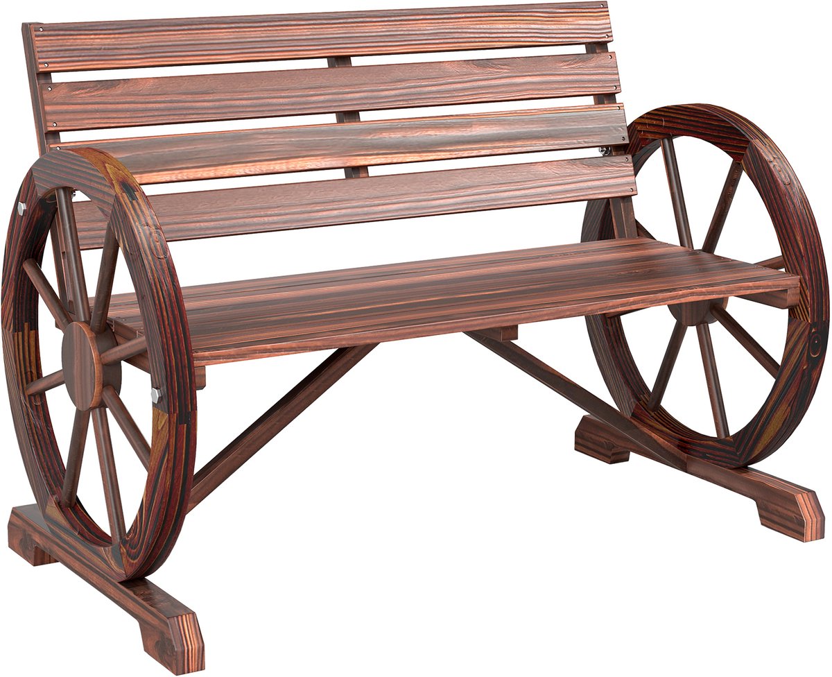 Tuinbank, 3-zits houten bank, rustieke chique stijl, armleuningen, wielen, met houtskool behandeld vurenhout, kastanjebruin