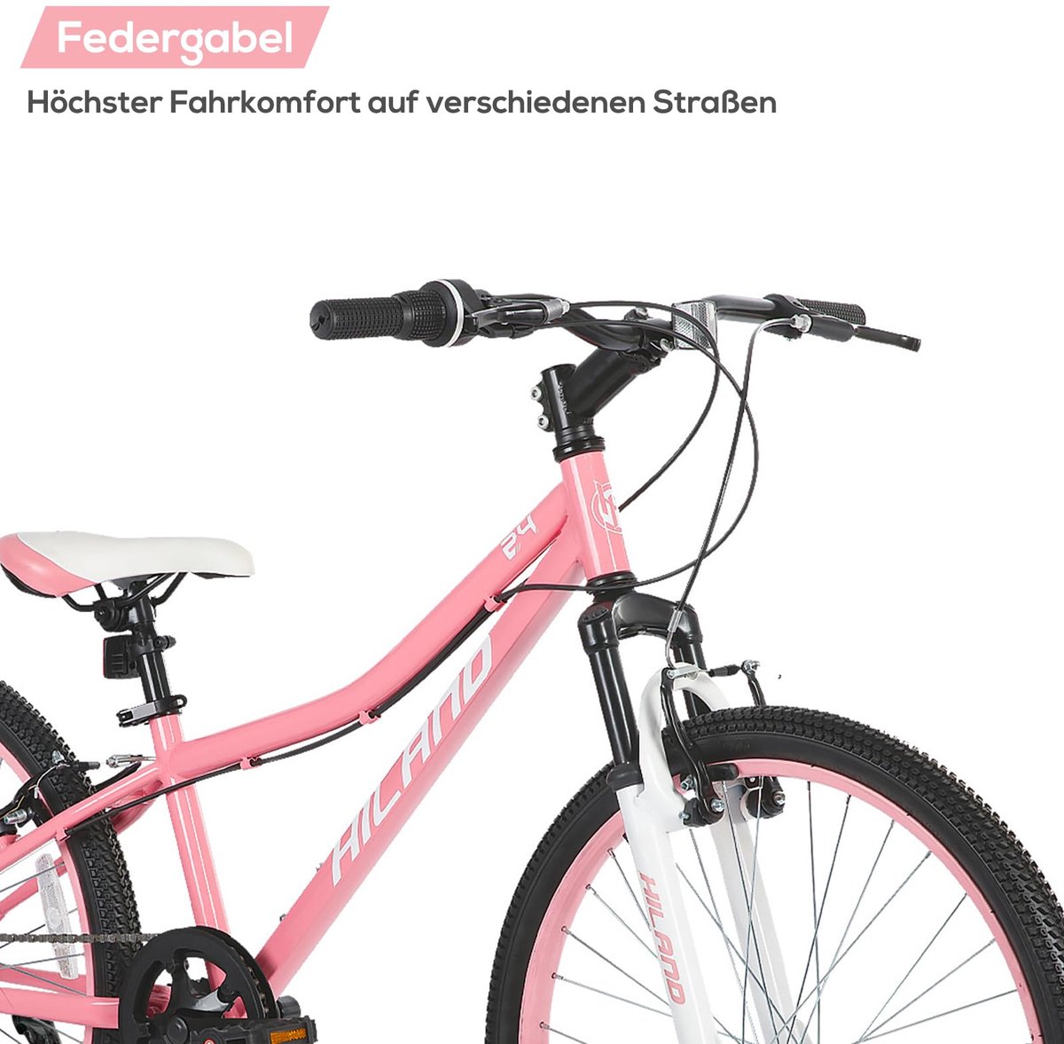 SnelShoppen - Kinderfiets 24 inch, 7 versnellingen, V-rem, mountainbike voor kinderen en jongeren, met verende vork, roze, ideaal voor avontuurlijke r