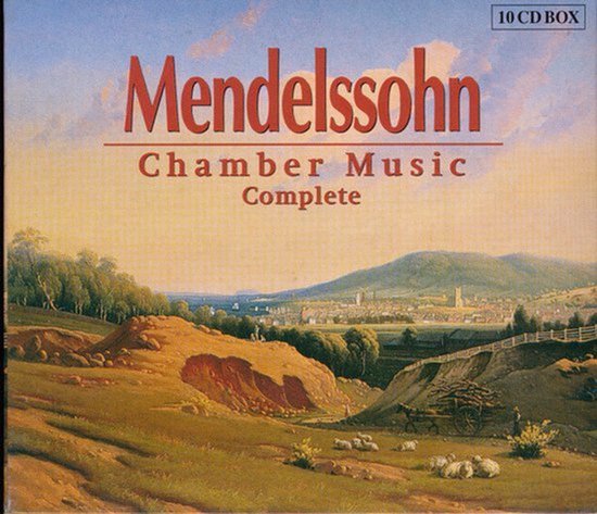 Illustration de couverture de la boîte de 10 CD 'Mendelssohn, Chamber Music Complete' avec une peinture de paysage.