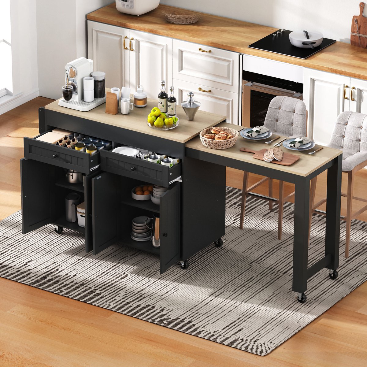 Mobiele Keuken Eilandwagen - Met Uitschuifbaar Bovenblad - 112-180,5 cm - MDF en 7 Wielen - Voor Keuken en Eetkamer - Zwart en Natuur