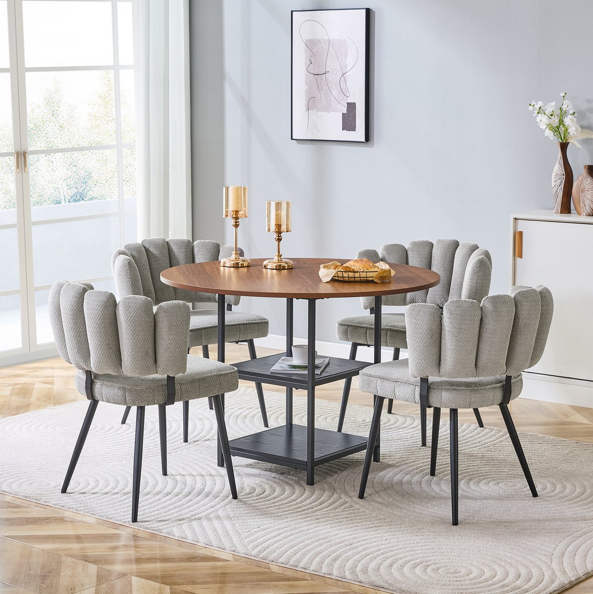 REDOM - Set tafel en stoelen - Ronde eettafel 107 cm - Dubbele open opbergruimte - 4 stoelen met bloemenvormige rugleuning - MDF en metaal - Grijs walnootkleur zwart - 107 x 107 x 75 cm