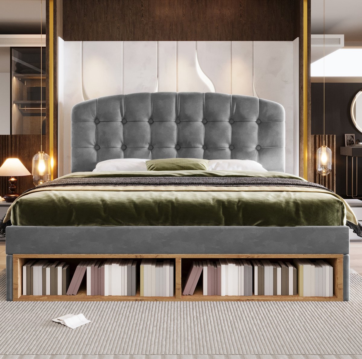 REDOM - Gestoffeerd bed - Verstelbaar hoofdeinde - Met lades en opbergruimte - Moderne stijl - Slaapkamer - Stof - Grijs - 207 x 151 x 110-120 cm