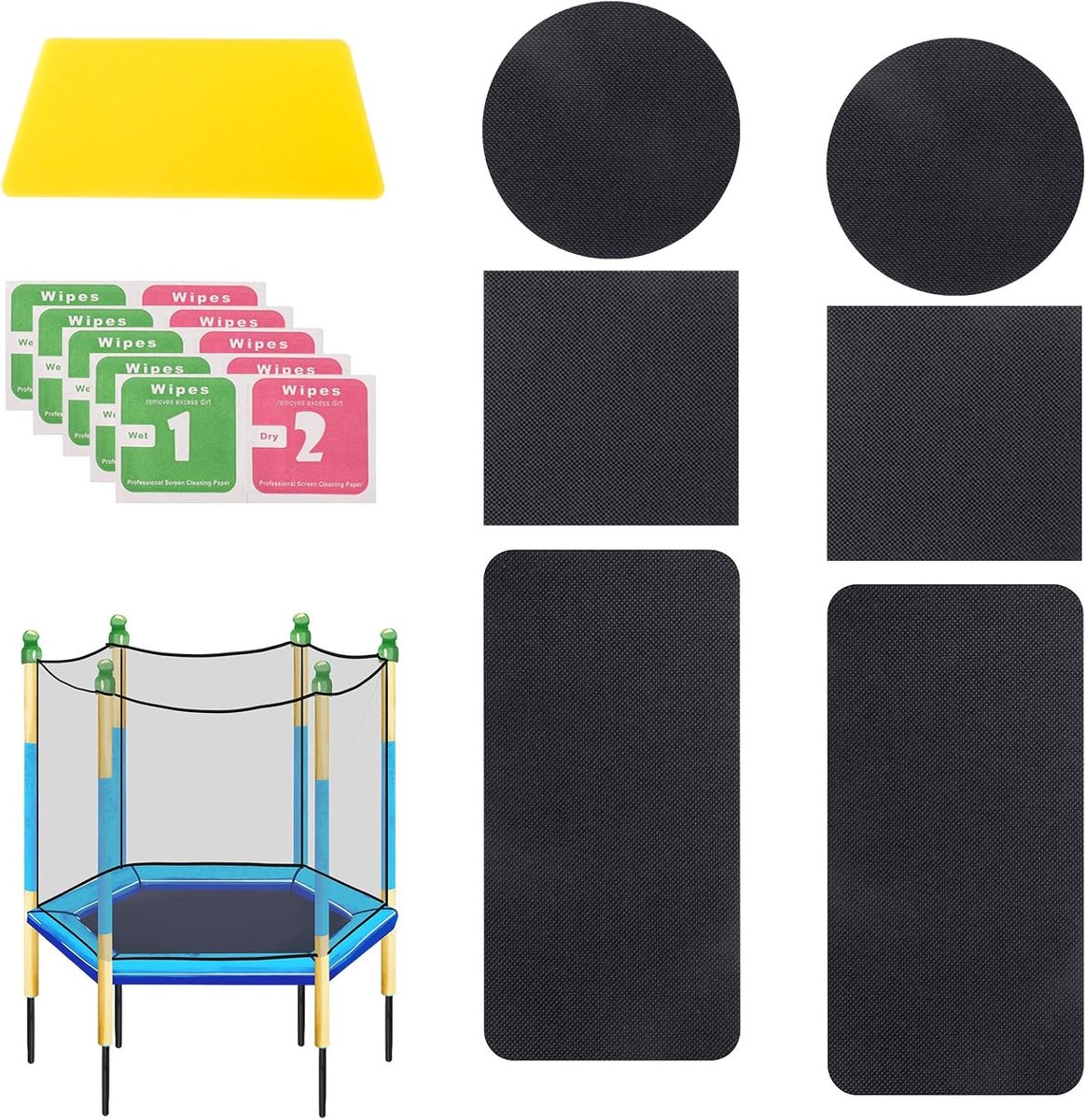 SnelShoppen - 6-delige Zelfklevende Trampoline Reparatieset met Schraper, 3 Vormen Patches voor het Repareren van Scheuren of Gaten in Matten, TPE Mat
