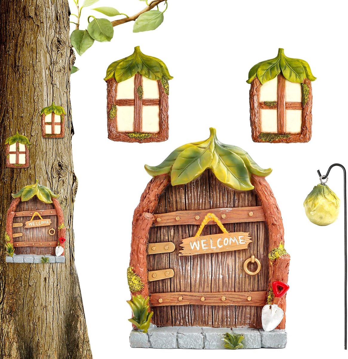 SnelShoppen - Miniatuur Feeën Tuindeur met Glim in het Donker, Vintage Feeënhuisje met Ramen en Lantaarn voor Bomen, Creatieve Tuin Decoratie voor Kin