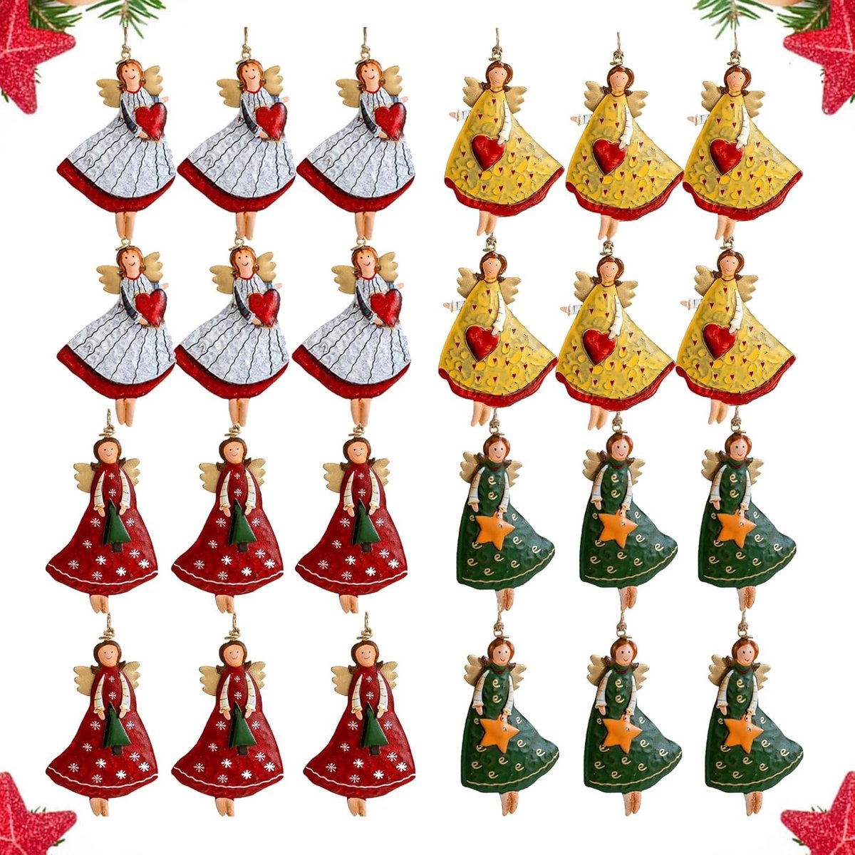 SnelShoppen - 24 Stuks Houten Kerst Engel Hangers, Dubbelzijdig Patroon, Kerstboomdecoratie met Touw voor Raamdecoratie en Kerstboom (Set B)