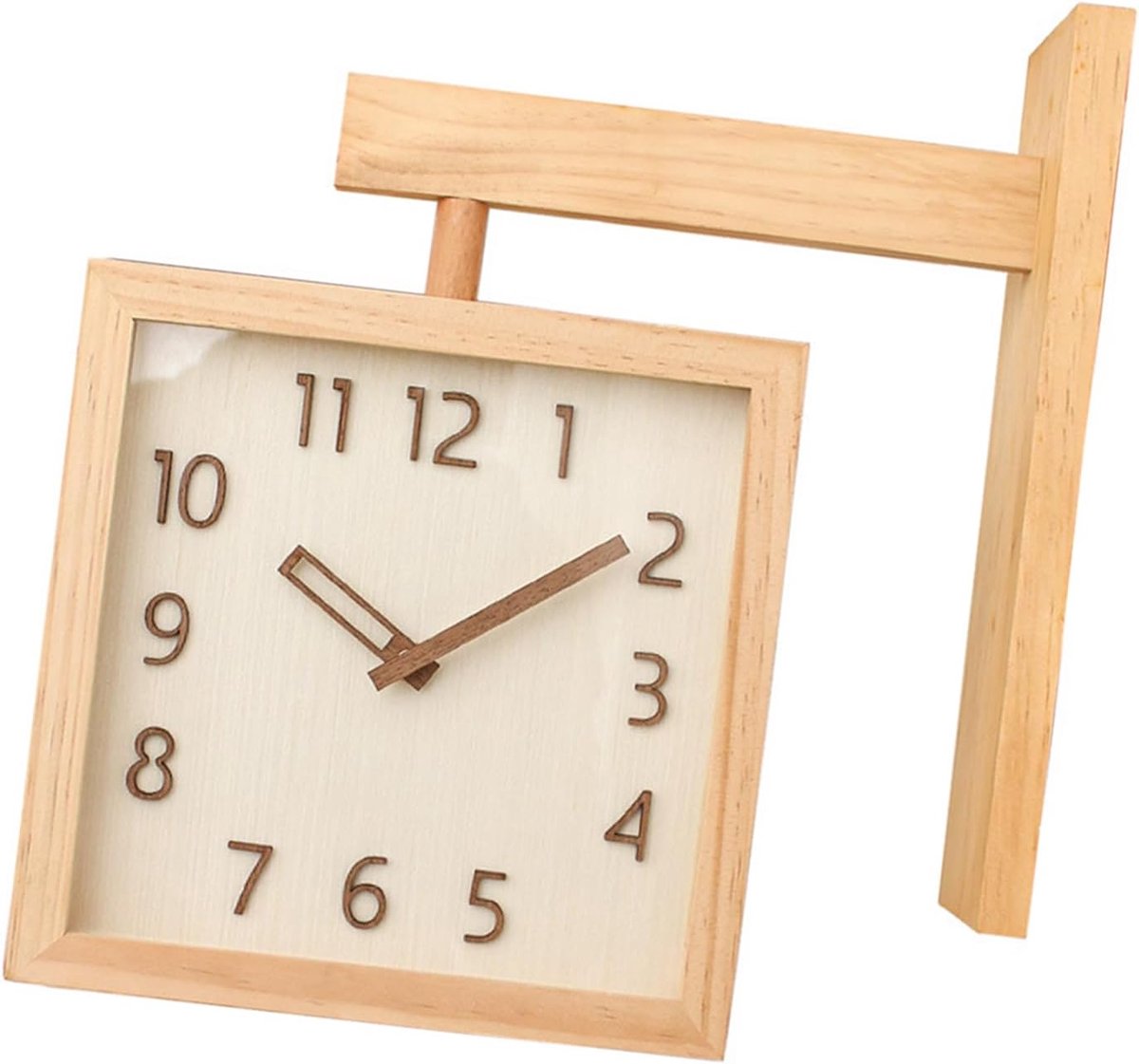 SnelShoppen - Houten Hoek Wandklok Dubbelzijdig Stil Vierkant Voor Woonkamer Decoratief, Premium Kwaliteit, Houtkleur