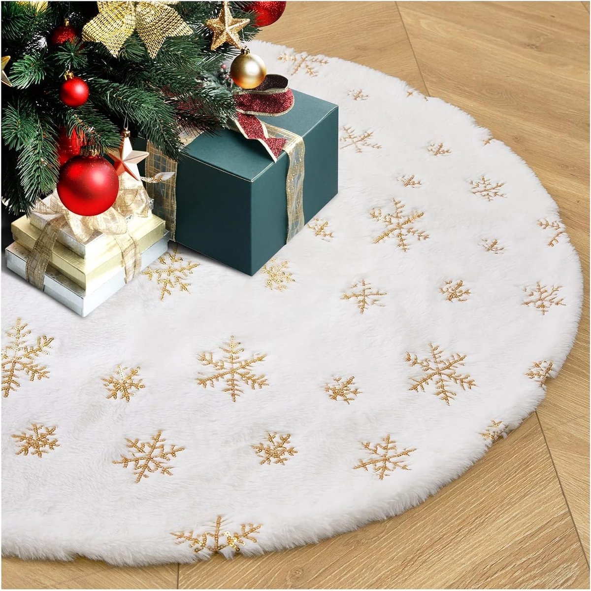 Zachte Witte Pluche Kerstboomrok van 60 cm met Gouden Sneeuwvlokken voor Feestelijke Kerst- en Nieuwjaarsdecoratie, Extra Dik en Luxe