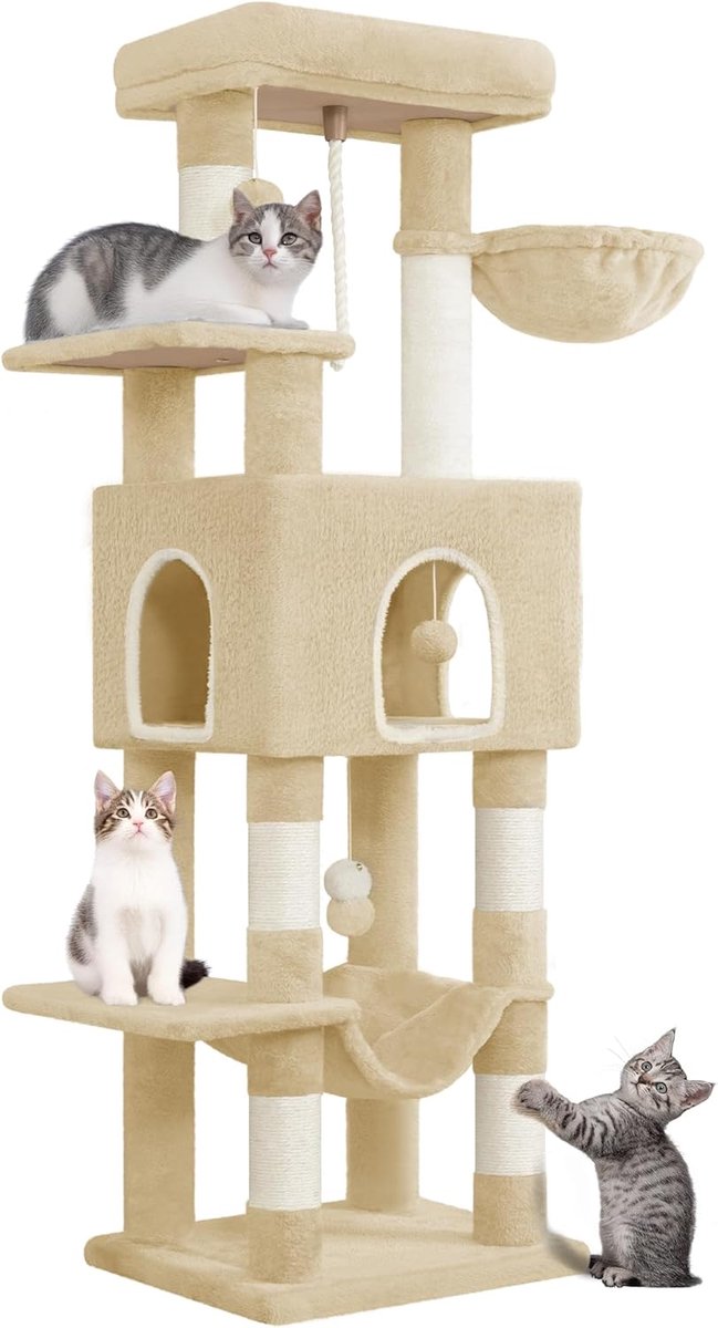 Hzuaneri krabpaal, 149 cm, met 5 krabpalen, beige, krabpaal met grote platforms, verstopplek, speelcentrum voor katten met meerdere niveaus, pompons