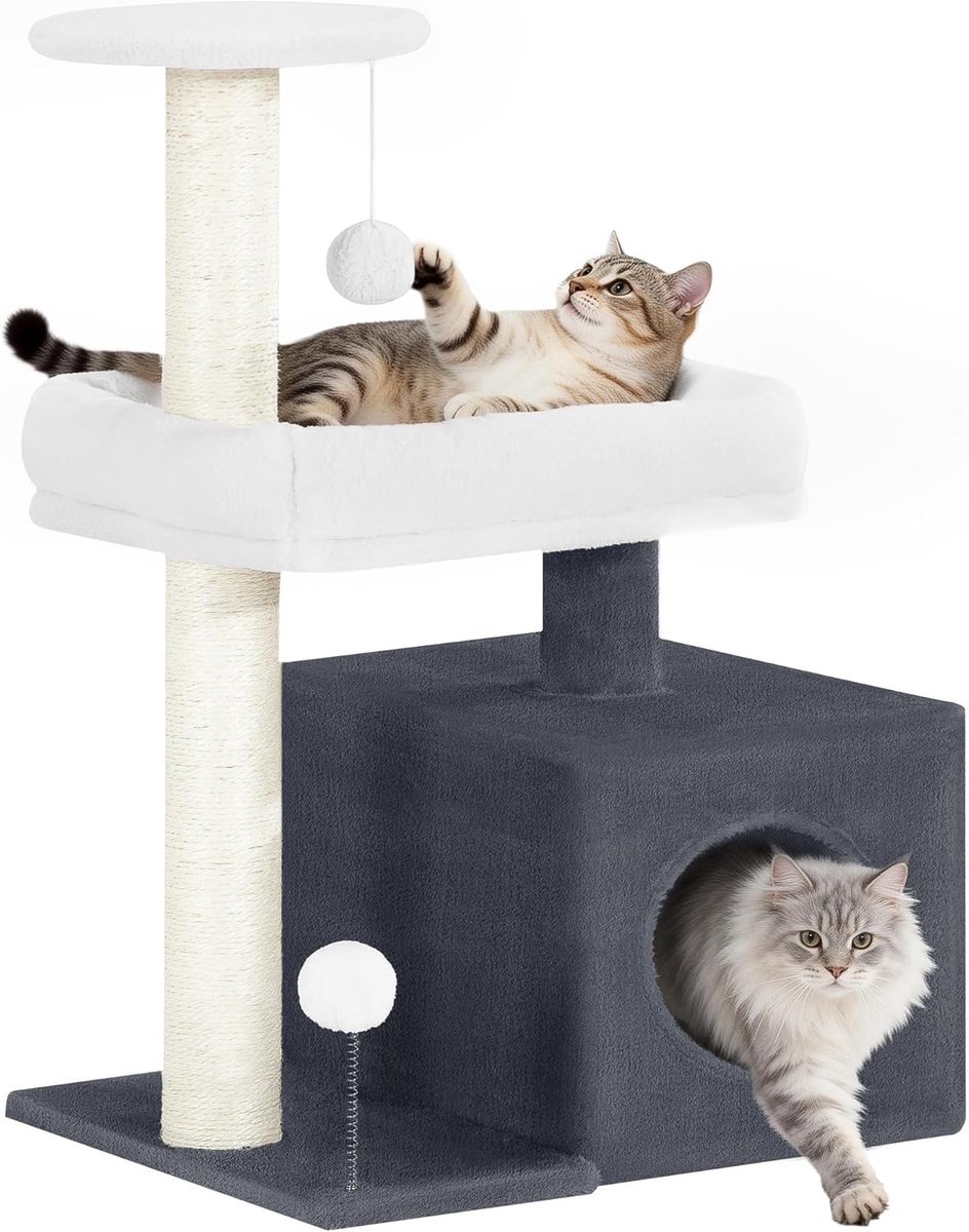 Hzuaneri Kattenkrabpaaltoren, 75 cm Kattenkrabpaal voor Binnenkatten, 2 Sisal Krabpalen, Comfortabel Huisje, Rustplatform, Uitkijkplek Bovenaan, Pompons, Donkergrijs en Wit